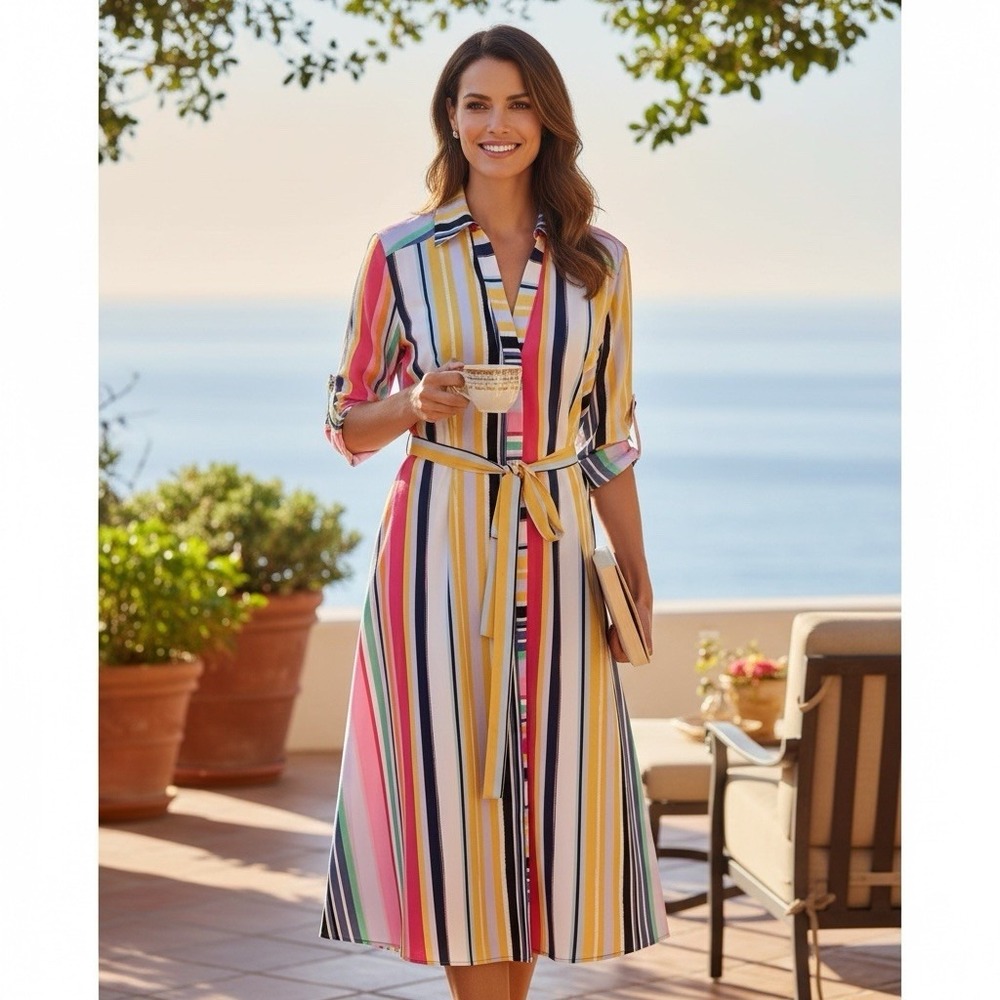 NY & Co Multicolor Striped Midi Shirt Dress Roll Tab Sleeve Belted Women's Large